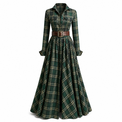 ✨ French-Inspired Elegance | Women's Plaid Cinched-Waist Pleated A-Line Dress