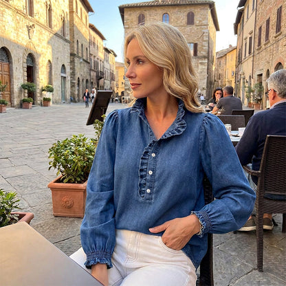 💙 Ruffle Collar, Statement Sleeves | Women's Puff-Sleeve Denim Top