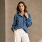 💙 Ruffle Collar, Statement Sleeves | Women's Puff-Sleeve Denim Top