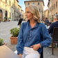 💙 Ruffle Collar, Statement Sleeves | Women's Puff-Sleeve Denim Top