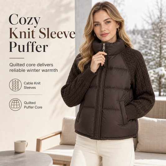 🧶 Knit Sleeves, Puffer Warmth | Women's Cable-Knit Patchwork Jacket ⚡ Free Shipping