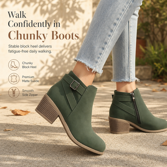 Women's Suede Boots with Slanted Buckle Chunky Mid Heel and Side Zipper Ankle Boots