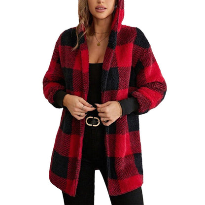 ✨ Cozy Plaid Character | Women’s Oversized Plaid Hooded Plush Cardigan