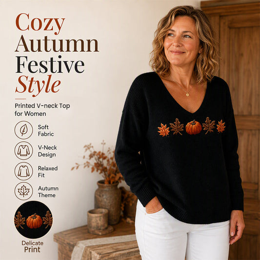 🌸Hot Sale 50% OFF💖Women's Pumpkin Print V-Neck Long Sleeve Top