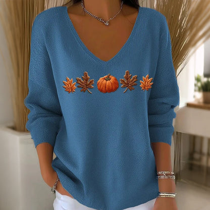 🌸Hot Sale 50% OFF💖Women's Pumpkin Print V-Neck Long Sleeve Top