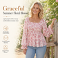 Women's Casual Square Neck Flare Sleeve Floral Print Chiffon Blouse Holiday Top