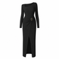 Women's Autumn Winter Solid Color Knit Texture Long Dress with Irregular Neckline