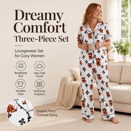 Women's Highland Cow Print 3-Piece Pajama Set 🐮 | Cozy Lounge & Sleepwear | Free Shipping 🚚✨