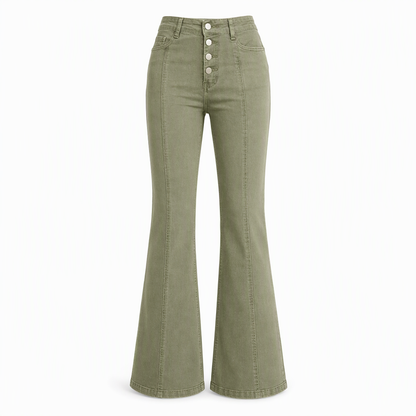 🖤Black Friday Sale:50% OFF🖤 Women's Olive Green High-Waisted Multi-Button Flare Jeans with Vertical Front Seams