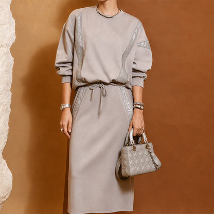 Women's Long-Sleeve Top & Drawstring Midi Skirt 2-Piece Set