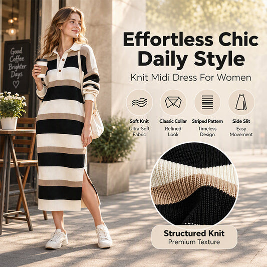🌸Hot Sale 50% OFF💖Women's Striped Collared Knit Sweater Dress