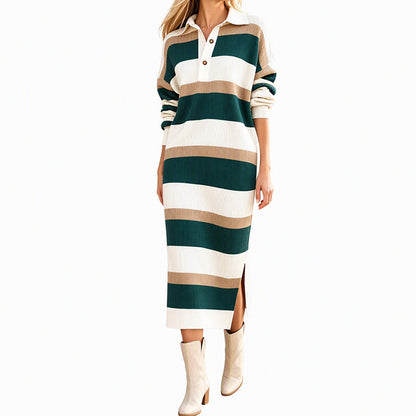 🌸Hot Sale 50% OFF💖Women's Striped Collared Knit Sweater Dress