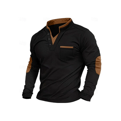 Men's Stand Collar Long Sleeve Shirt Spliced Casual Pullover Top