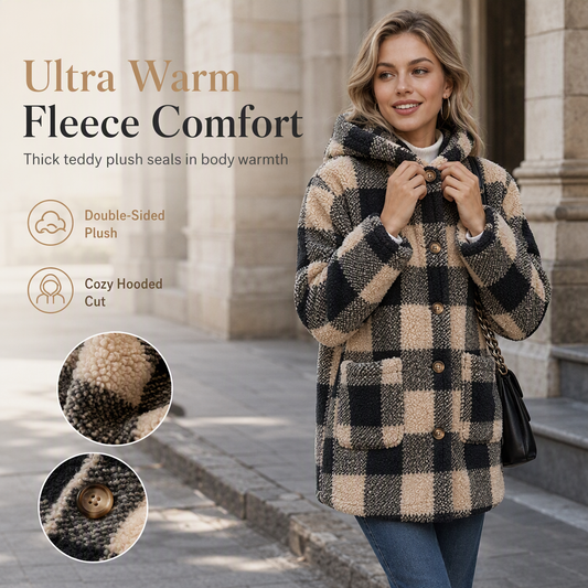 ✨ Retro & Warm 🍂 Women's Long Sleeve Plaid Faux Shearling Hooded Coat – Loose Casual Winter Outerwear 🧥 Short Facebook Headline